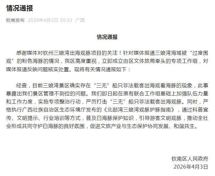 广西钦州市钦南区通报：三娘湾景区确实存在“三无”船只非法载客出海观看海豚现象 即日起实施专项整治行动